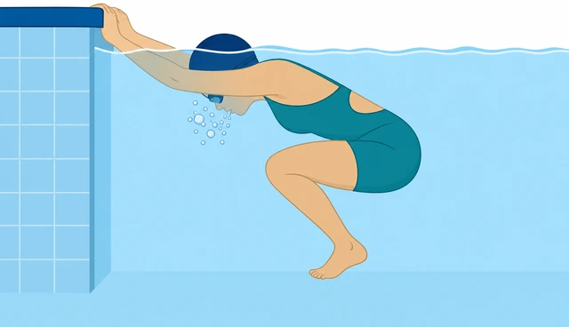 Swimmer bobbing at pool wall face under exhaling bubbles