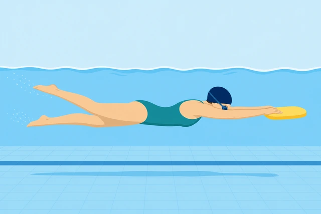 Swimmer kickboard kick face down exhaling bubbles