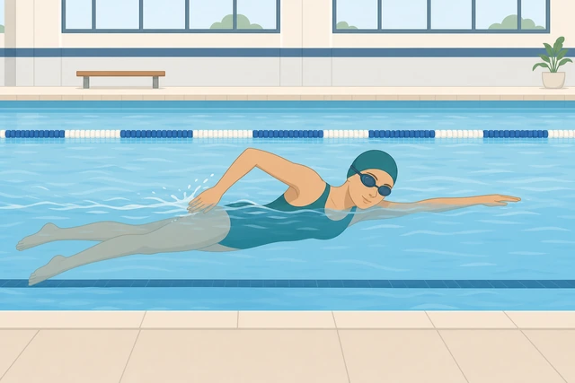 Swimmer calm freestyle across shallow pool