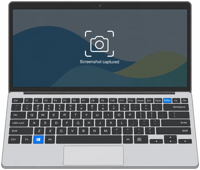 Illustration: keyboard Win and PrtScn keys highlighted and screen briefly dimming