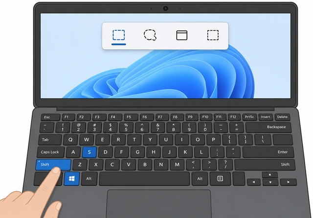 Illustration: hand pressing Win Shift and S with snipping toolbar appearing at top of screen