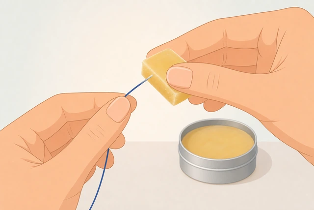 Illustration: waxing a thread tip firmly before threading