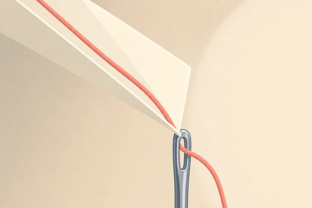Illustration: paper crease funnel guiding thread into needle eye