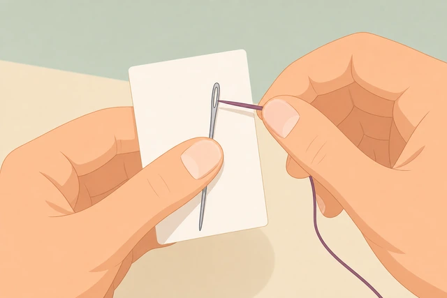 Illustration: bracing needle eye on a card while pushing stiffened thread