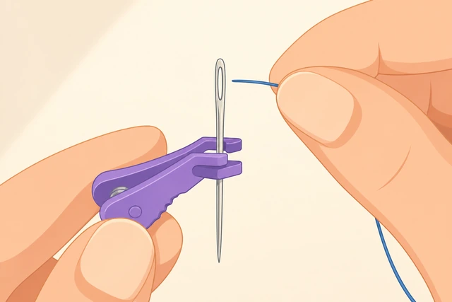 Illustration: gently stabilizing a needle with a clip while threading