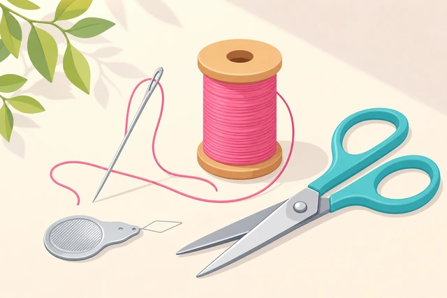 Illustration: sewing needle thread spool scissors and optional needle threader in bright light