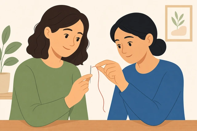 Illustration: one person holding needle while another threads it