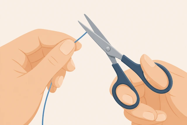 Illustration: cutting a clean fresh end of sewing thread with scissors
