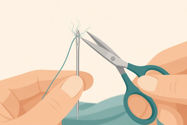 Illustration: trimming fuzzy thread whiskers near a needle eye
