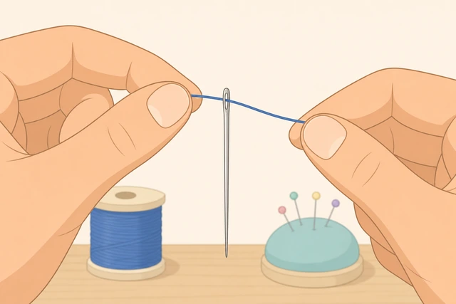 Illustration: testing that thread slides freely through needle eye