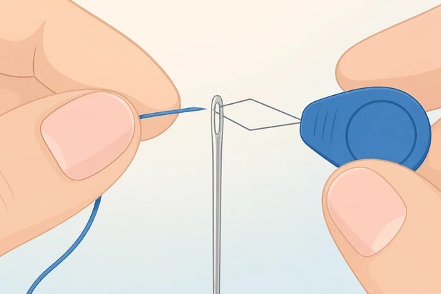 Illustration: pushing thread tip through needle eye or using a needle threader