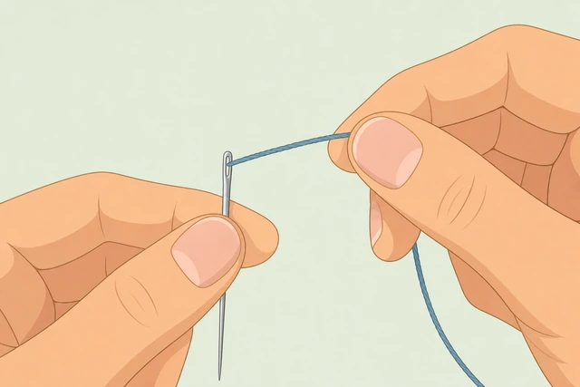 Illustration: pulling several inches of thread through a needle eye