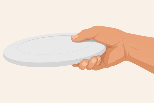 Illustration: backhand frisbee grip with fingers under rim and thumb on top