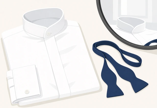 Illustration: dress shirt with collar up top button closed and untied bow tie ready