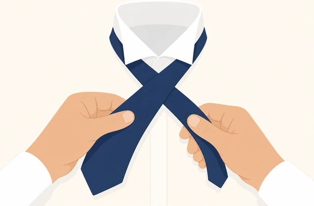Illustration: crossing longer bow-tie end over shorter end at the collar