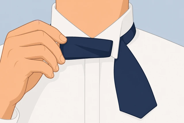 Illustration: folding the shorter bow-tie end into a horizontal bow wing at the collar