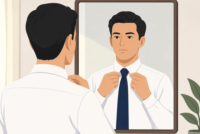 Illustration: reshaping necktie dimple and checking collar symmetry