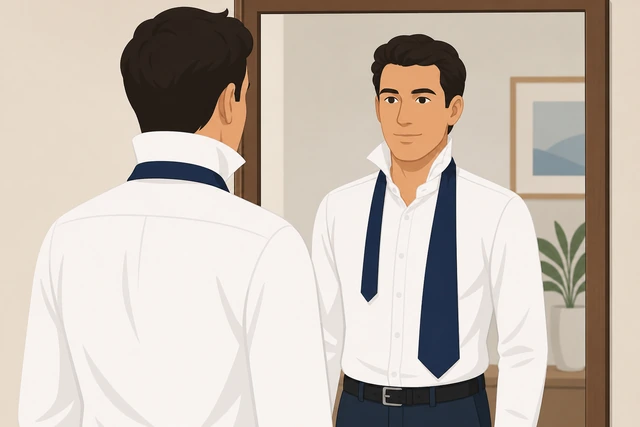 Illustration: necktie draped with wide end on wearers right facing mirror