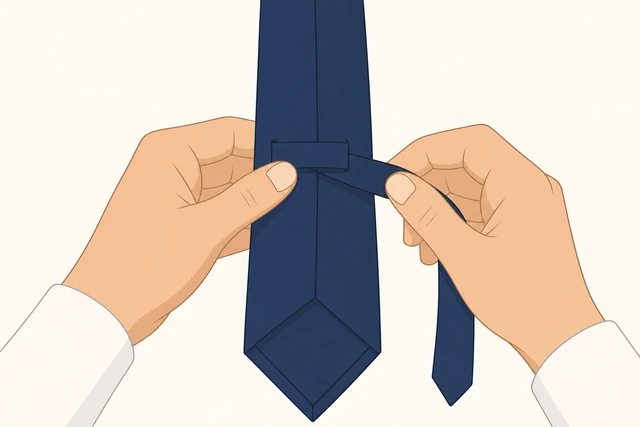 Illustration: sliding narrow necktie end through the keeper loop on the back