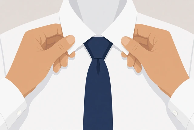 Illustration: folding dress shirt collar down over a finished necktie knot