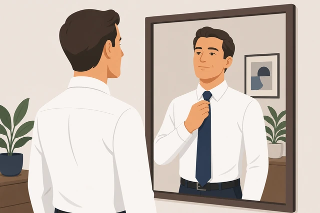 Illustration: person checking finished four-in-hand necktie in mirror