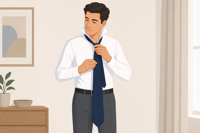 Illustration: adjusting necktie so wide end hangs much lower than narrow end