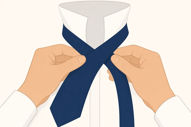 Illustration: crossing wide necktie end over narrow end at collar