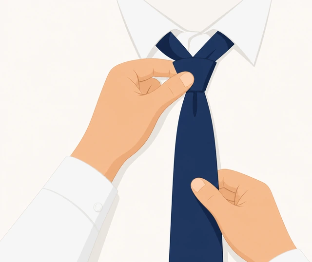 Illustration: holding necktie knot while pulling wide end to tighten