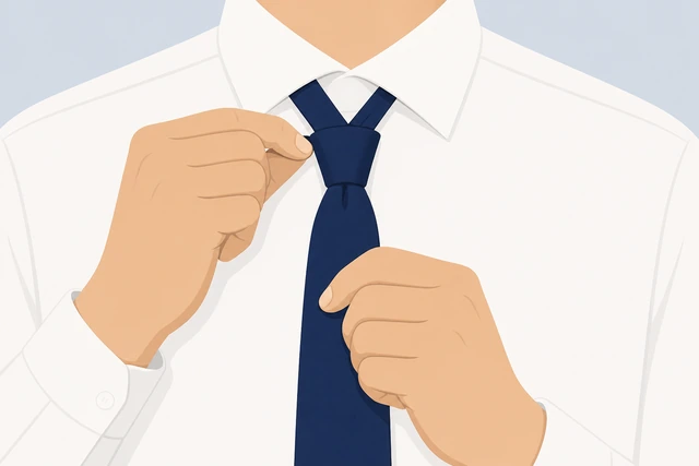 Illustration: sliding necktie knot up to closed collar with narrow end