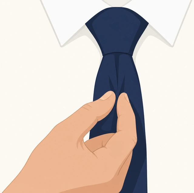 Illustration: pinching a small dimple in necktie fabric under the knot