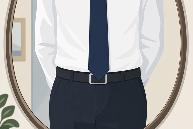 Illustration: checking necktie tip length against belt buckle in mirror