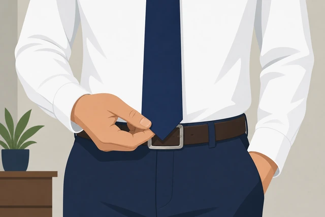 Illustration: rechecking necktie tip at belt buckle after retie