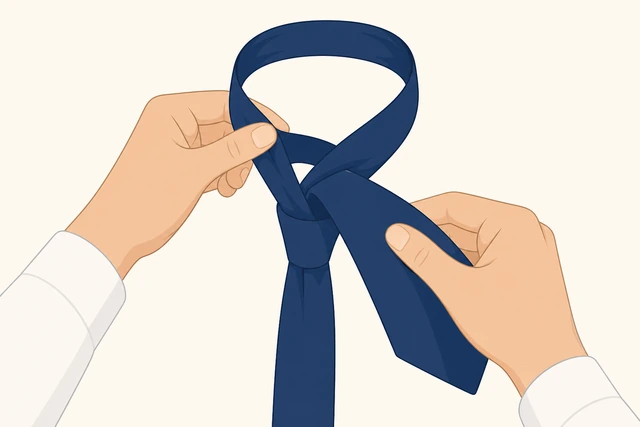 Illustration: finger holding open the front necktie knot loop while threading
