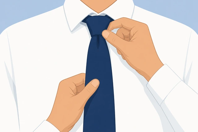 Illustration: pulling wide necktie end straight down while pinching knot
