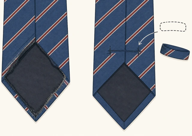 Illustration: damaged necktie tip or missing keeper loop needing replacement