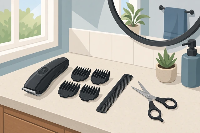 Illustration: beard clippers guards comb scissors and mirror ready