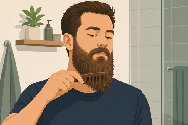 Illustration: combing a dry beard downward before trimming