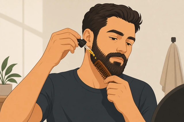 Illustration: applying beard oil and combing through after a trim