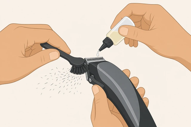 Illustration: brushing and oiling beard clipper blades after use