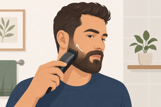 Illustration: trimming beard cheeks with clipper guard moving with the grain