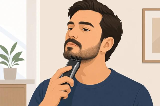 Illustration: carefully trimming chin and mustache area with clipper guard