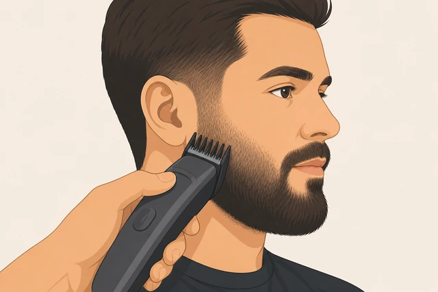 Illustration: switching to the next shorter clipper guard to blend beard length