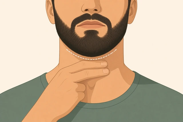 Illustration: defining beard neckline about two fingers above Adams apple