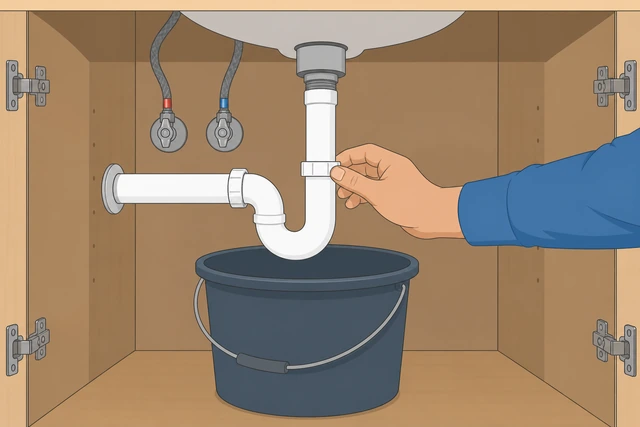 Illustration: bucket placed under bathroom sink P-trap, hand loosening slip nut