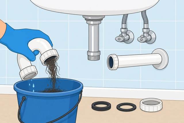 Illustration: gloved hand clearing hair from removed P-trap, washers and slip nuts ready for reassembly