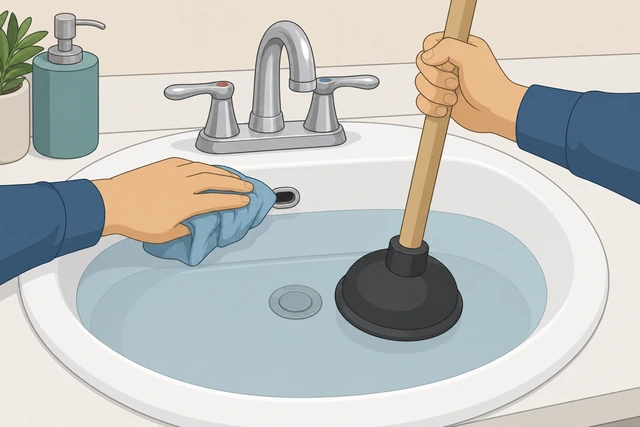 Illustration: re-sealing overflow with wet rag and adding standing water before plunging again