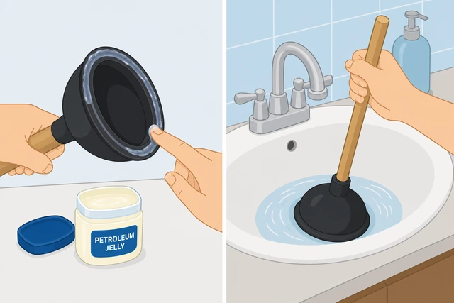 Illustration: petroleum jelly on plunger cup rim, vertical plunging on bathroom sink drain