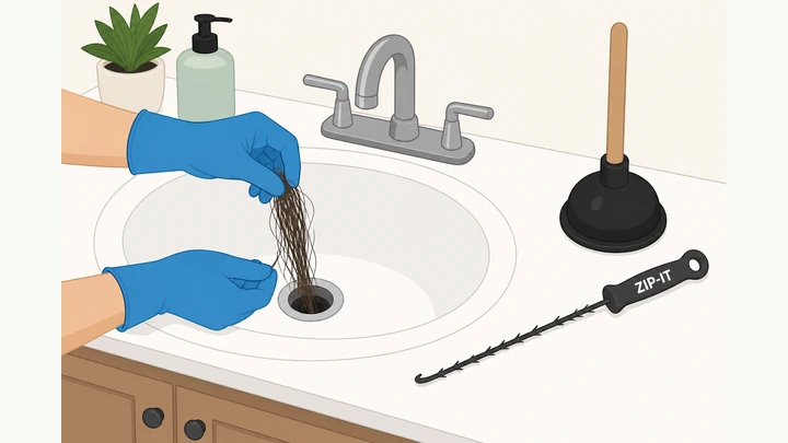 Illustration: gloved hands removing hair from a bathroom sink drain with a cup plunger and zip-it tool nearby