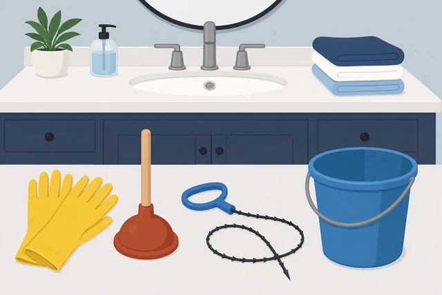 Illustration: bathroom sink with gloves, cup plunger, zip-it tool, bucket, and towels laid out on the vanity