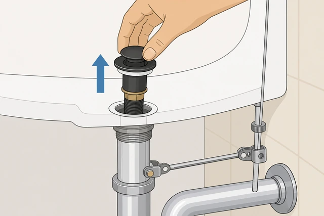 Illustration: hands lifting a bathroom sink pop-up stopper without yanking the pivot linkage